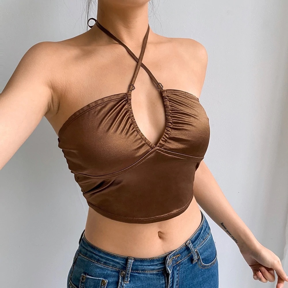 She’s Celestial Venus Top Brown Satin Halter Heart Gems Sizes S M L